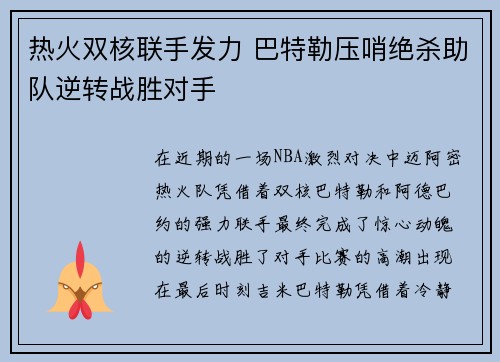 热火双核联手发力 巴特勒压哨绝杀助队逆转战胜对手
