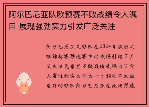 阿尔巴尼亚队欧预赛不败战绩令人瞩目 展现强劲实力引发广泛关注