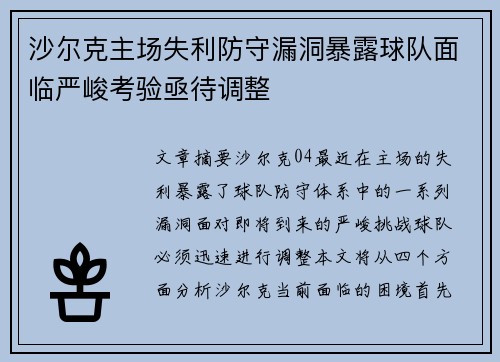 沙尔克主场失利防守漏洞暴露球队面临严峻考验亟待调整