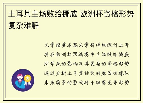 土耳其主场败给挪威 欧洲杯资格形势复杂难解