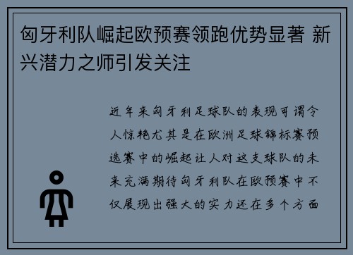 匈牙利队崛起欧预赛领跑优势显著 新兴潜力之师引发关注