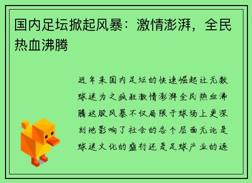 国内足坛掀起风暴：激情澎湃，全民热血沸腾