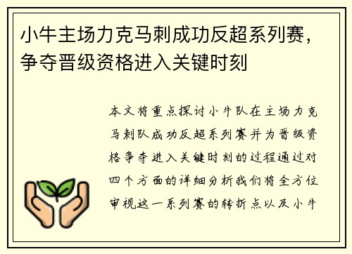 小牛主场力克马刺成功反超系列赛，争夺晋级资格进入关键时刻