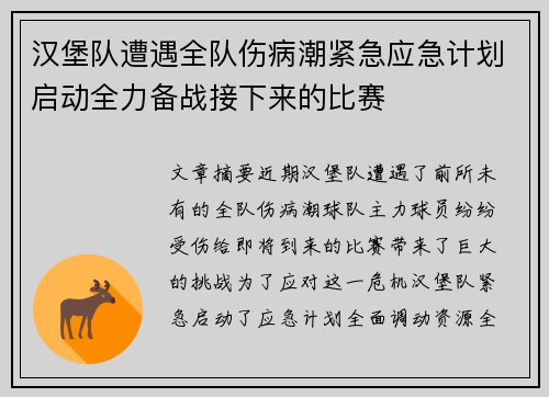 汉堡队遭遇全队伤病潮紧急应急计划启动全力备战接下来的比赛