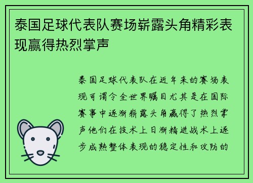 泰国足球代表队赛场崭露头角精彩表现赢得热烈掌声