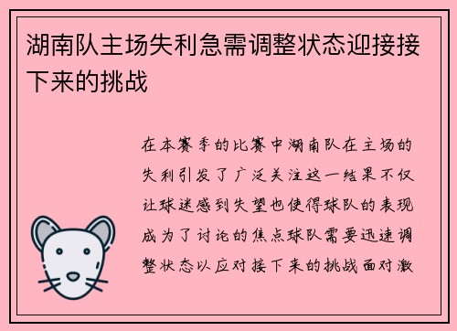 湖南队主场失利急需调整状态迎接接下来的挑战