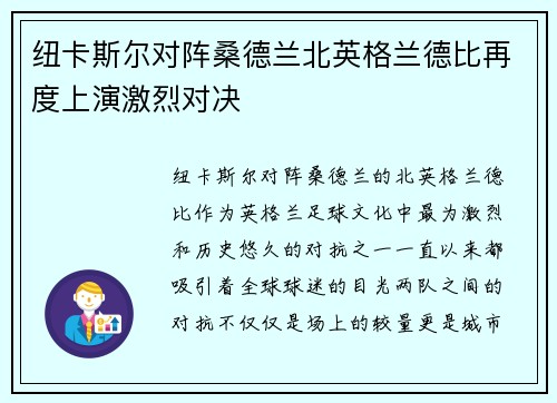 纽卡斯尔对阵桑德兰北英格兰德比再度上演激烈对决